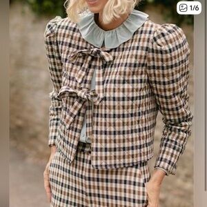Plaid Bow-Front Jacket and Pants Set - Brown & Cream